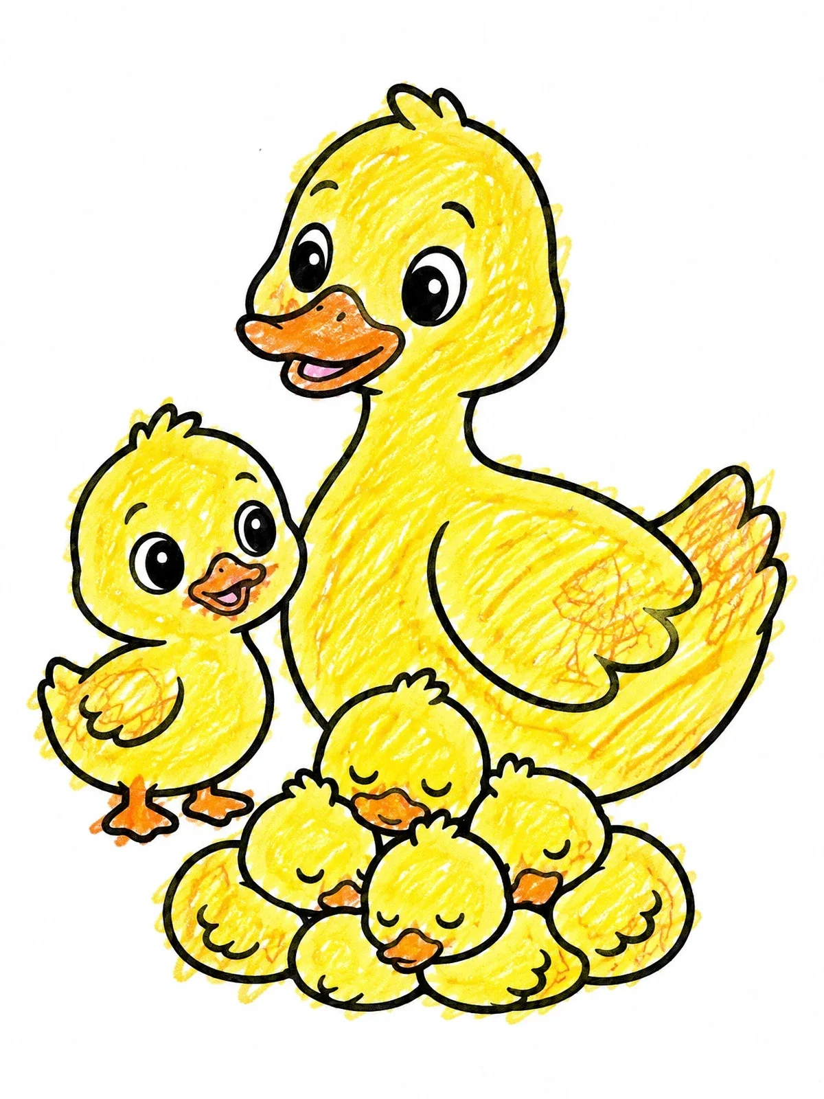 Colored example of the Mother Duck With Sleeping Ducklings coloring page