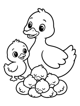 A sweet duck coloring page featuring a mother duck and her sleeping ducklings huddled together.