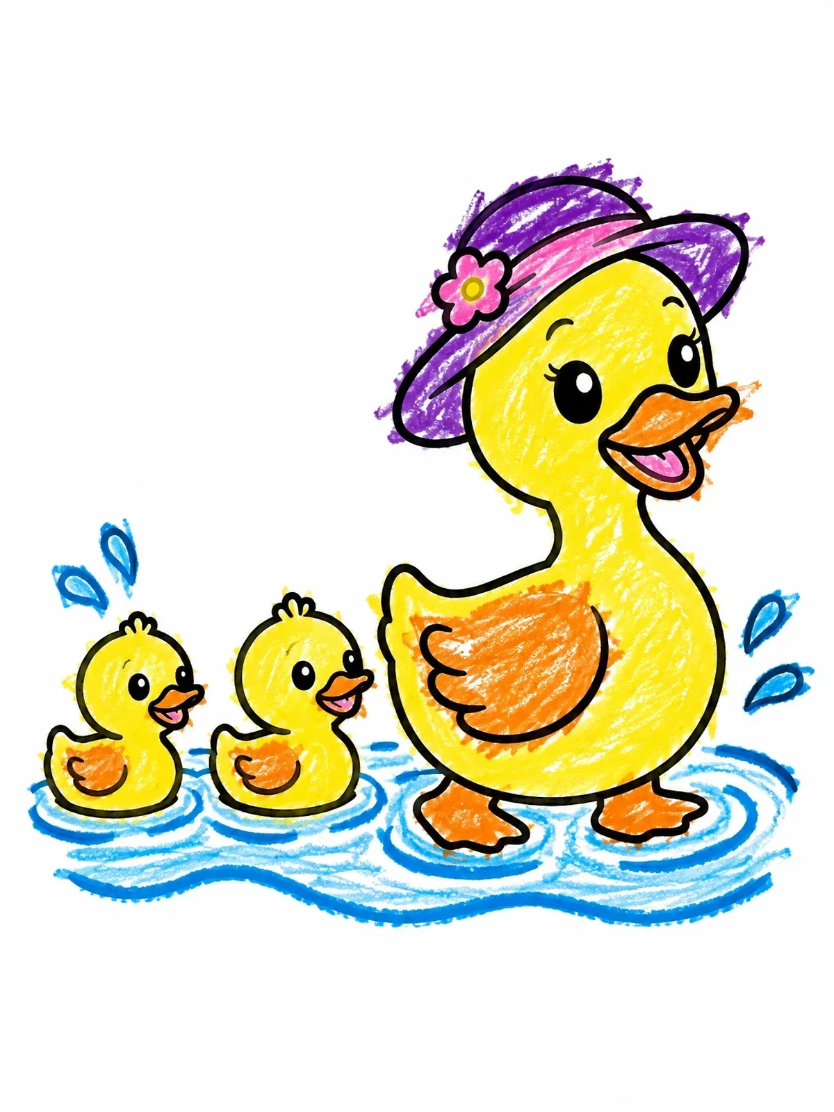Colored example of the Mother Duck With Swimming Ducklings coloring page