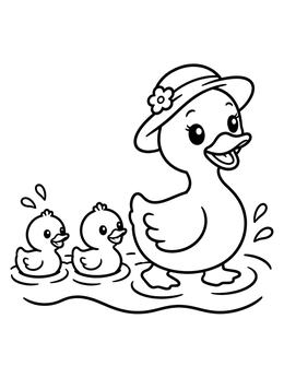 A duck coloring page of a smiling mother duck wearing a floral hat followed by two cute ducklings in the water.