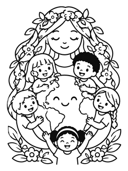 Mother Earth and smiling kids surround a happy globe in this earth coloring page.