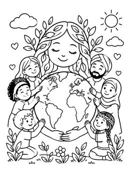 A serene earth coloring page showing Mother Earth surrounded by diverse children holding the globe.