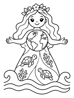 Gentle Mother Earth in ocean waves on this earth coloring page.