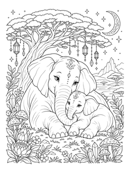Gentle mother elephant and calf resting under a tree in this elephant coloring page.