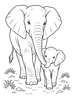 A gentle elephant coloring page showing a mother elephant walking beside her adorable baby calf.