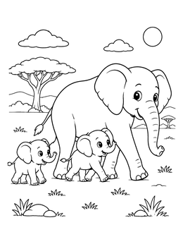 Mother and two baby calves on a savanna elephant coloring page.