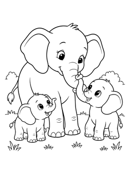 Sweet mother and baby elephant coloring page with two playful calves in a grassy field.
