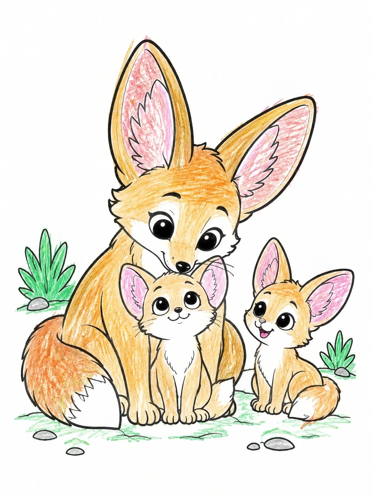 Colored example of the Mother Fennec Fox And Kits coloring page