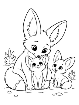 Free printable Mother Fennec Fox And Kits coloring page