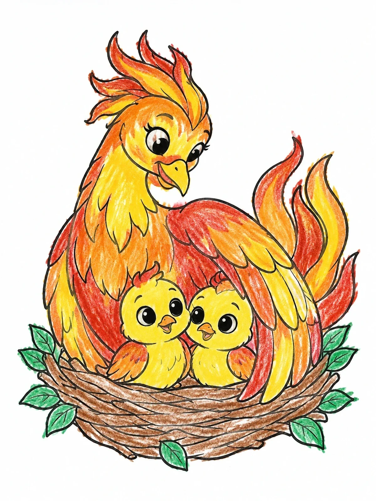 Colored example of the Mother Firebird With Chicks In Nest coloring page
