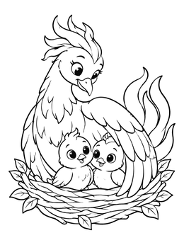 Free printable Mother Firebird With Chicks In Nest coloring page