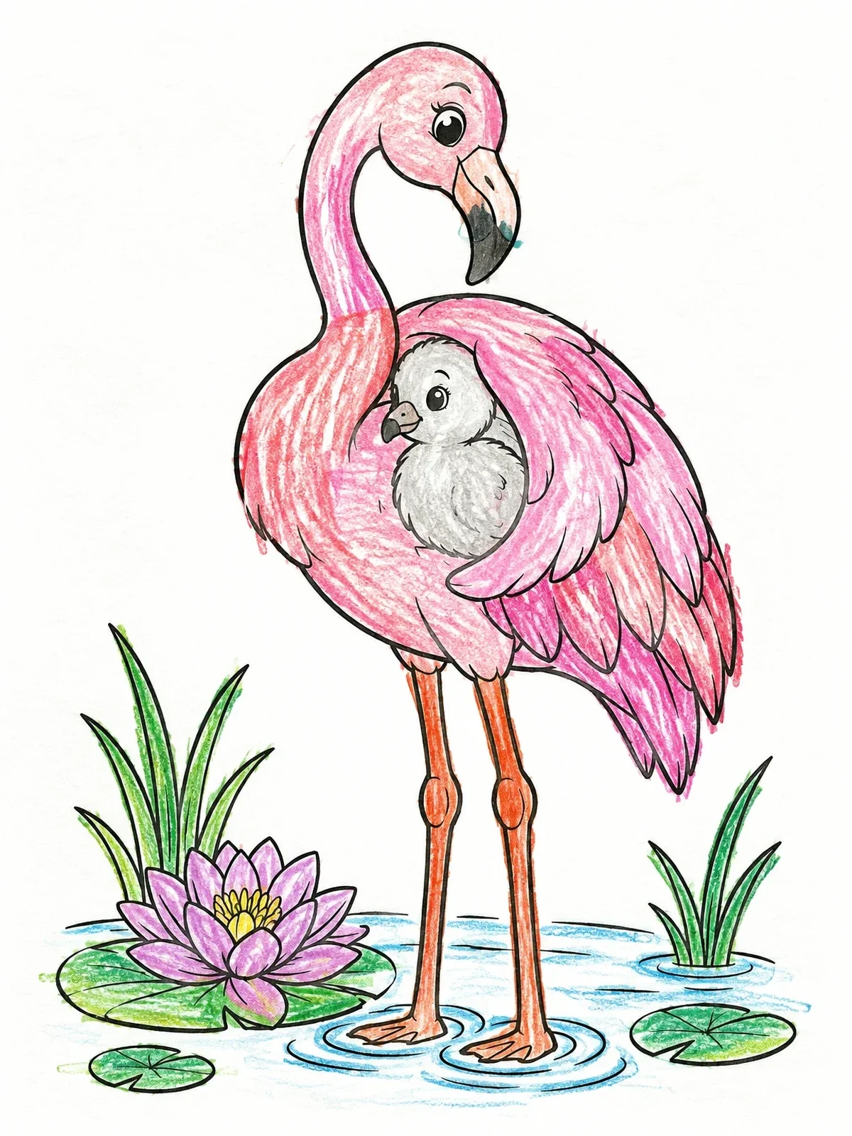Colored example of the Mother Flamingo And Chick By Water Lily coloring page