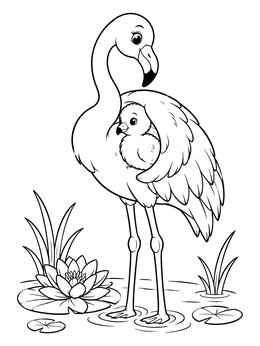Free printable Mother Flamingo And Chick By Water Lily coloring page