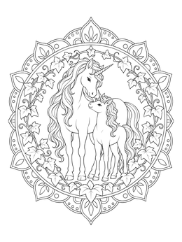 Detailed unicorn mandala coloring page showing a mother unicorn and her foal framed by ivy.