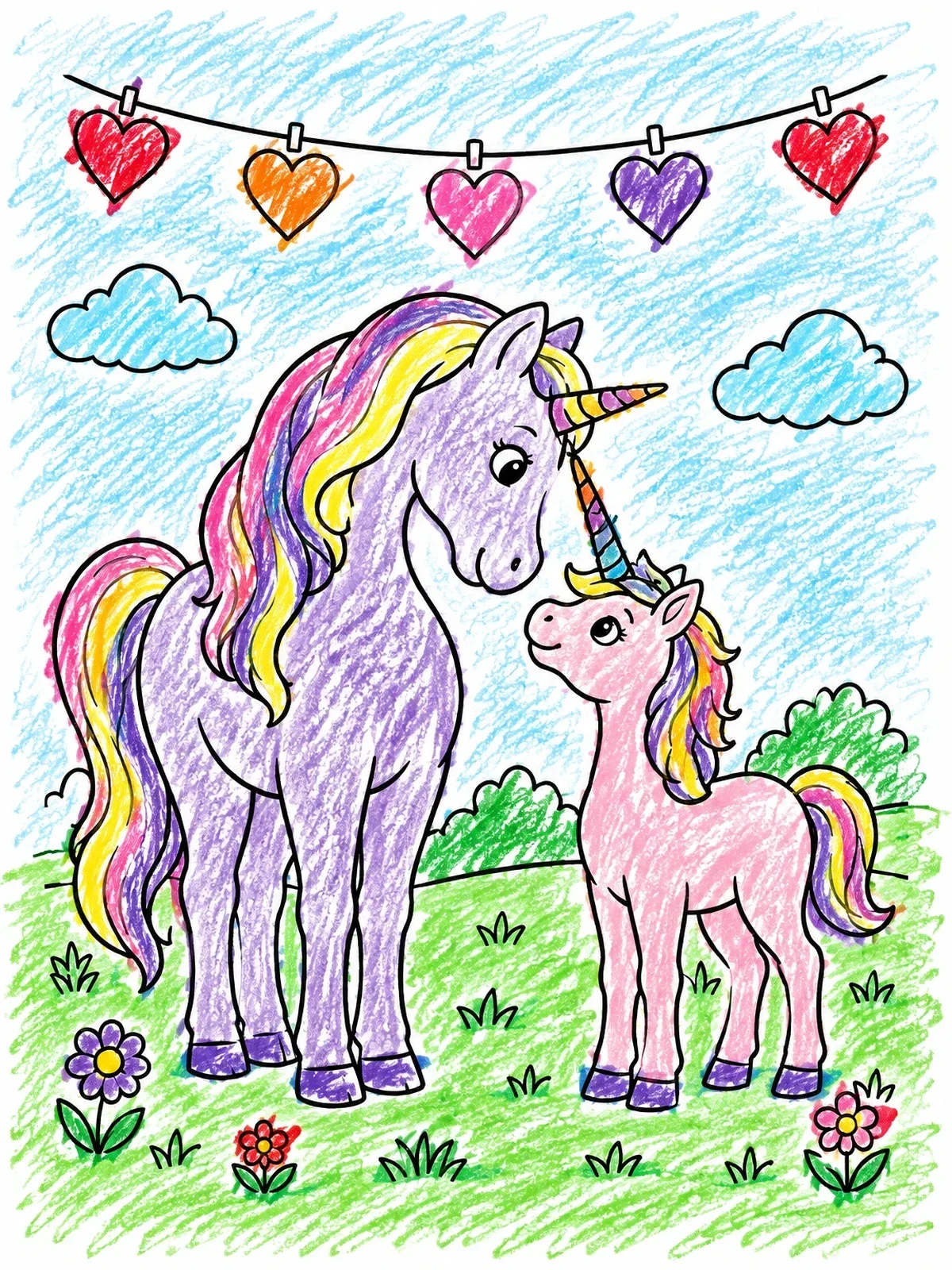 Colored example of the Mother And Foal Valentine Unicorns coloring page
