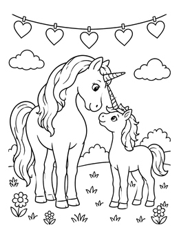 Free printable Mother And Foal Valentine Unicorns coloring page