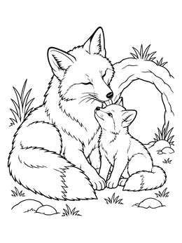 A gentle mother fox grooms her small cub in this sweet fox coloring page.