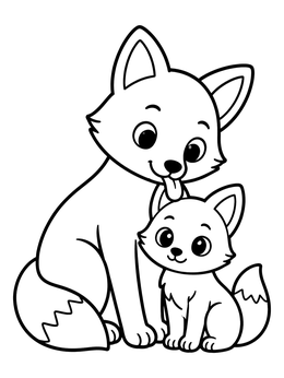 A sweet fox coloring page featuring a mother fox gently grooming her baby kit.