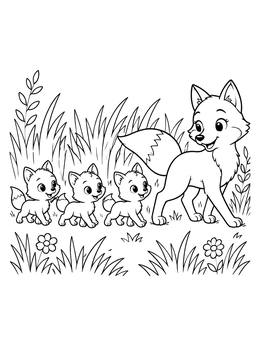 A cute mother fox leading three little kits through the grass on this fox coloring page.