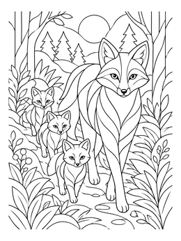 A mother fox leading three cubs through a forest on this fox coloring page.