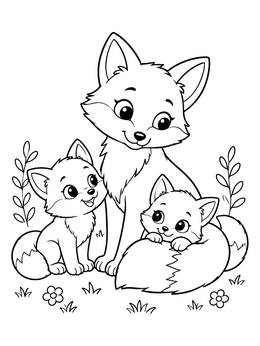 A mother fox sits with her two cute kits in this fox coloring page.