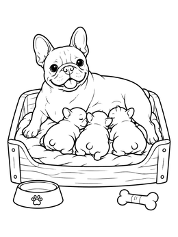 Free printable Mother French Bulldog With Puppies coloring page