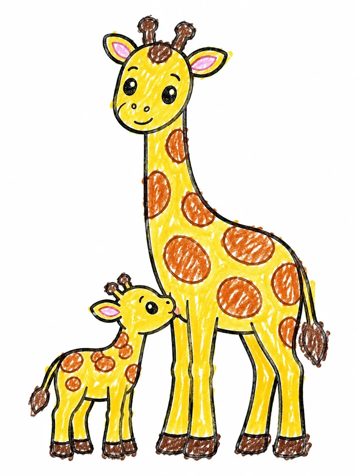Colored example of the Mother Giraffe And Little Calf coloring page