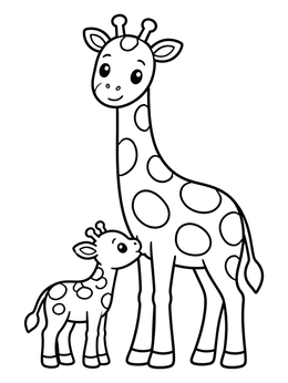 A sweet giraffe coloring page showing a tall mother giraffe standing lovingly with her baby calf.