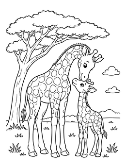 A gentle giraffe coloring page showing a mother giraffe leaning down to nuzzle her calf by an acacia tree.