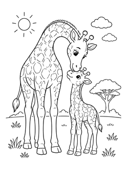 Free printable Mother Giraffe Nuzzling Her Cute Calf coloring page