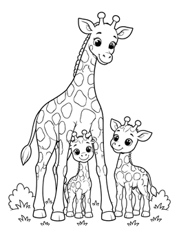 A friendly mother stands with two calves in this giraffe coloring page.