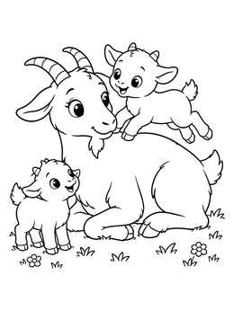 A cheerful mother goat resting with two playful kids in this goat coloring page.