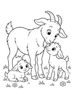 A mother goat nuzzling her cute newborn kids on this goat coloring page.