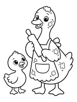 A sweet goose coloring page featuring a mother duck baking with her baby.