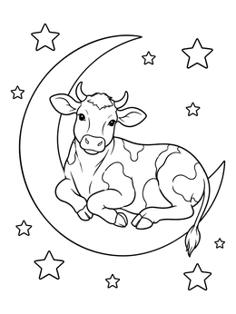 A gentle mother goose coloring page with a spotted cow resting on a crescent moon surrounded by stars.