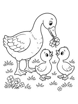 A mother goose coloring page with two little goslings eating clover in a meadow.
