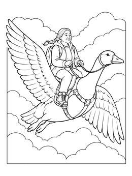 An elderly woman flies on a giant goose in this mother goose coloring page.