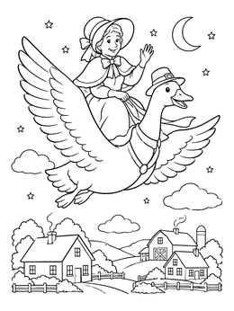 A magical mother goose coloring page showing her riding a flying goose across the night sky.