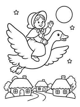 Free printable Mother Goose Flying Over Village coloring page