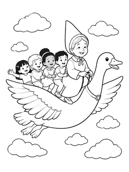 Free printable Mother Goose Flying With Children coloring page