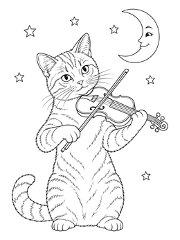 A mother goose coloring page featuring the cat playing the fiddle beneath a smiling crescent moon and stars.