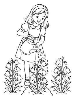 A cheerful girl tends to pretty silver bells in this mother goose coloring page.