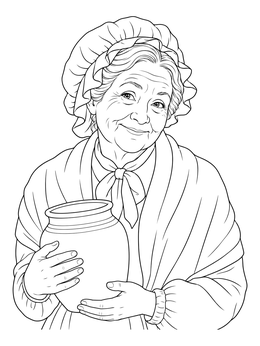 A smiling elderly woman holding an earthen jug on this mother goose coloring page.