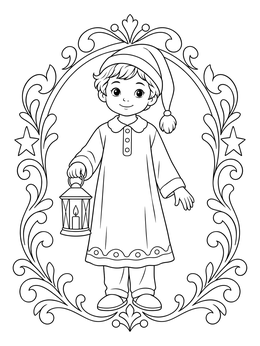 Wee Willie Winkie in nightgown holding a lantern inside an ornamental frame mother goose coloring page