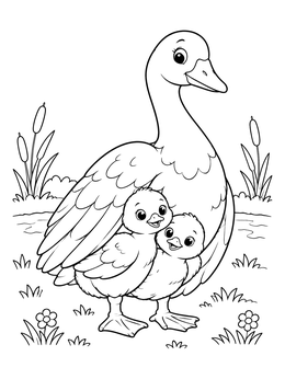 A mother goose sheltering two goslings in this goose coloring page outdoors.