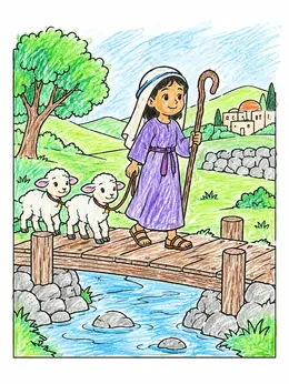 Young Shepherd Crossing Wooden Bridge – Mother Goose Coloring Page