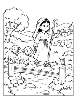 Free printable Young Shepherd Crossing Wooden Bridge coloring page