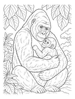 A mother gorilla gently holds her baby in this detailed gorilla coloring page.