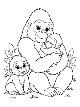 A mother gorilla cuddles her young infant on this gorilla coloring page.