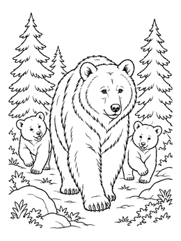 A mother bear and two playful cubs walk in a pine forest in this bear coloring page.